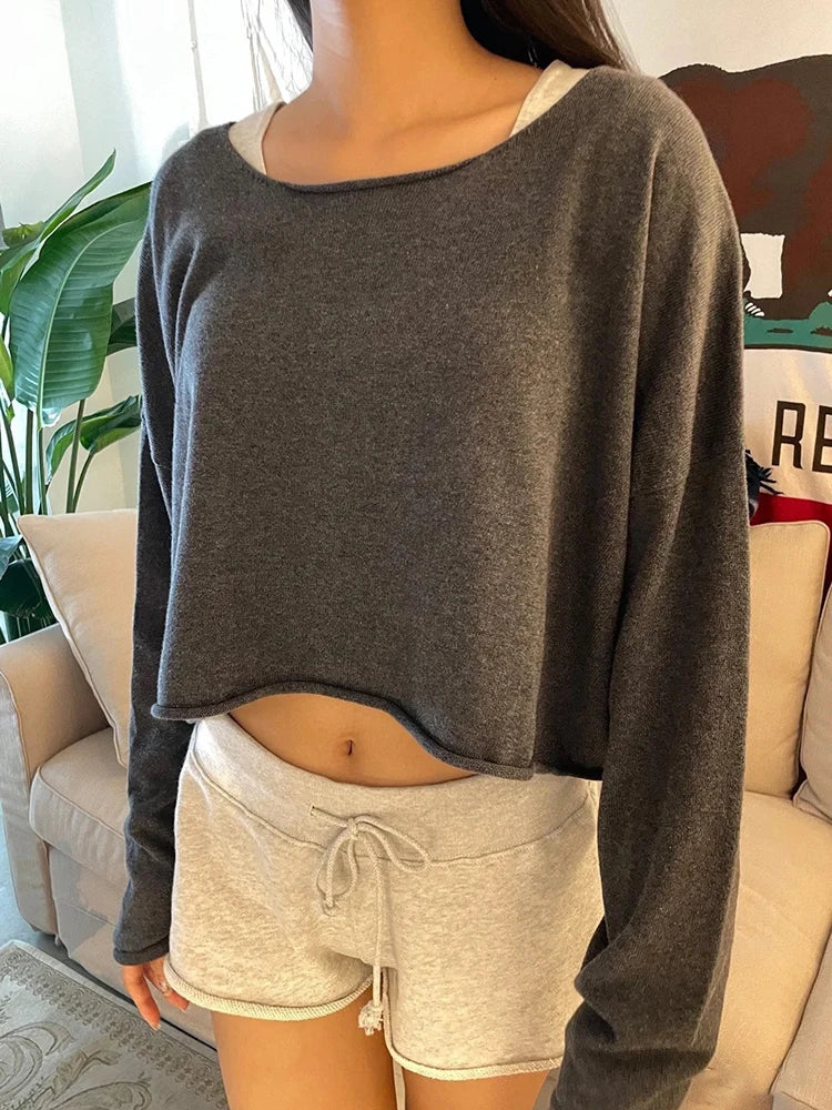 Vid Halsringad Långärmad Tröja Crop Top Grå