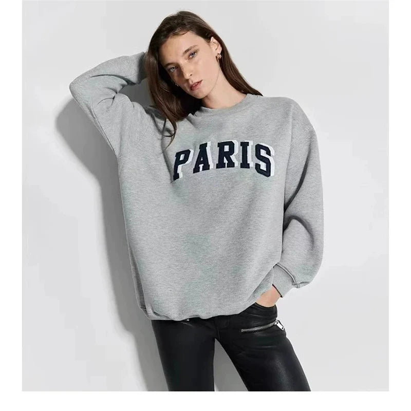 Dam sweatshirt grå med "PARIS" tryck rund hals oversized