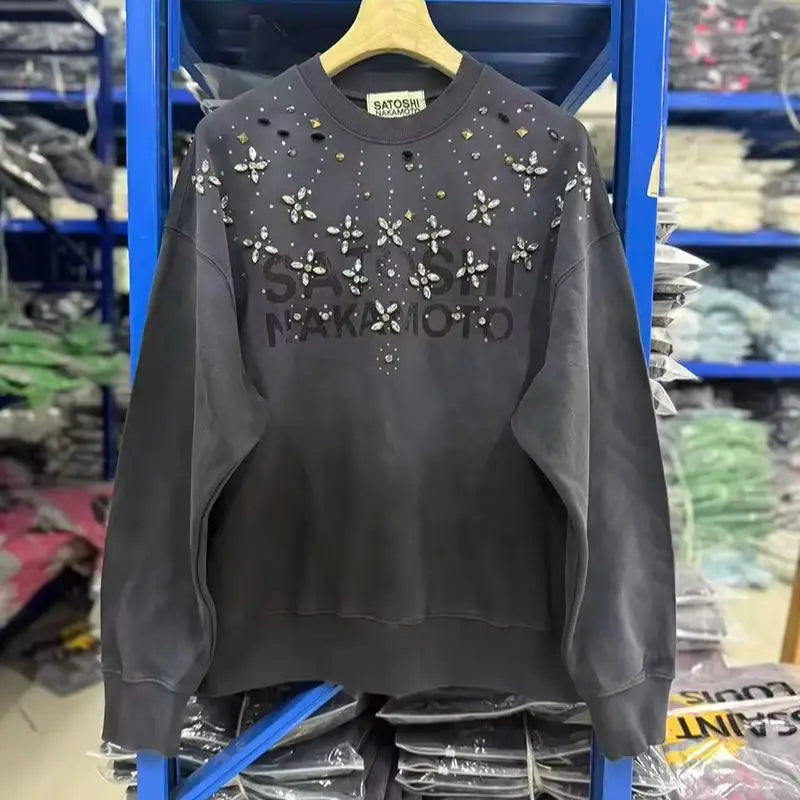 Unisex Tröja med Kristalldekoration och Ombré-Effekt, Långärmad Sweatshirt