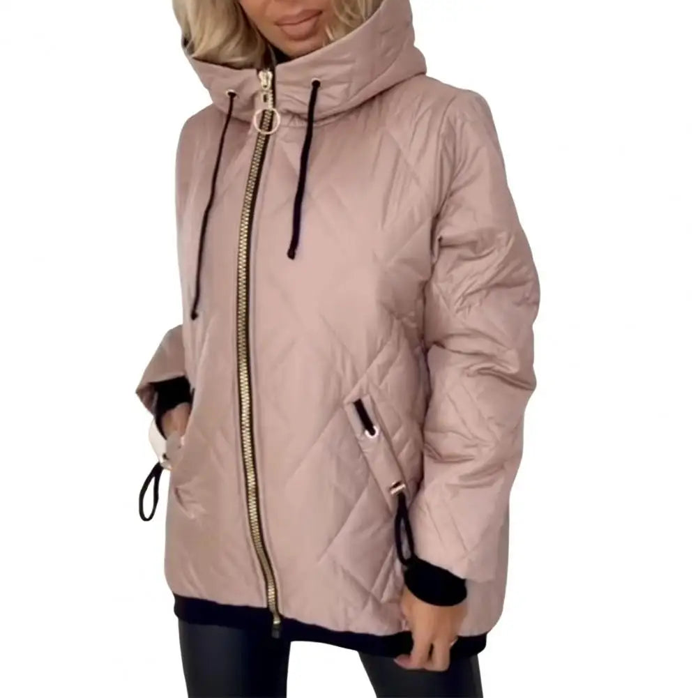 Kvinnors Quiltad Vinterjacka med Huva och Dragkedja
