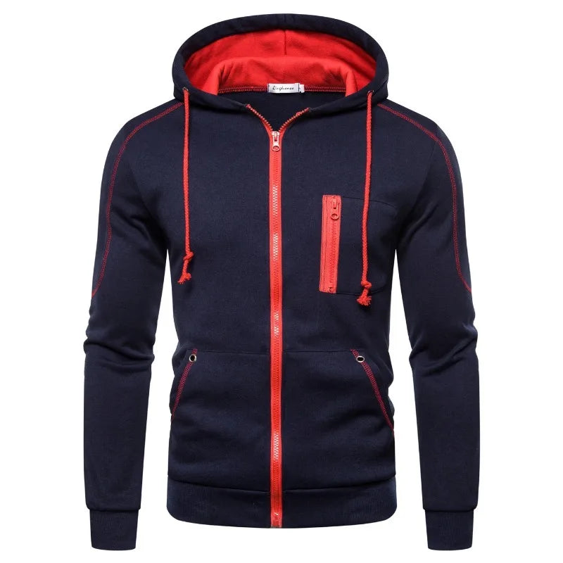 Herrhoodie med dragkedja, huva och kontrastfärgade detaljer