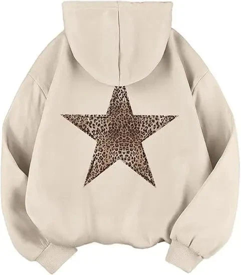Hoodie med leopardmönstrad stjärna på ryggen, oversized passform