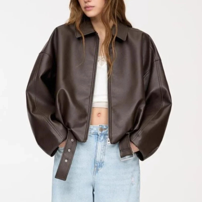 Brun Oversized Bomberjacka med Dragkedja och Bälte