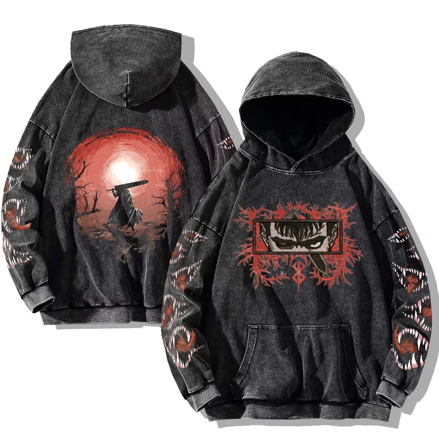 Svart huvtröja med tvättad look och tryck, Unisex Berserk-inspirerad hoodie