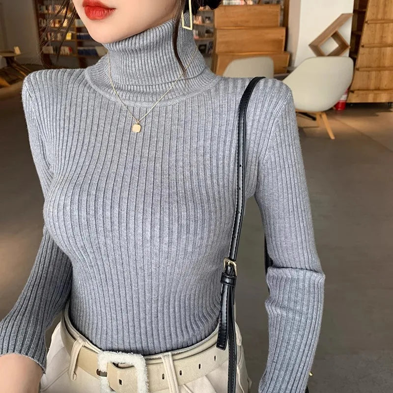Dam ribbstickad polotröja, långärmad tröja i enfärgad design