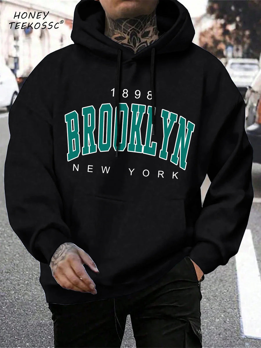 Hoodie med "New York" eller "Brooklyn" tryck, dragsko och känguruficka för män