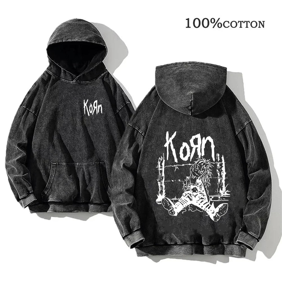Unisex Huvtröja Oversize Grå Med Tryck och Känguruficka