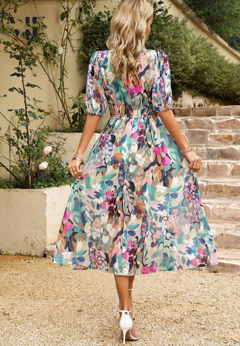 Damklänning Midi Blommig Elegant Puffärm Sommarklänning Fest & Vardag