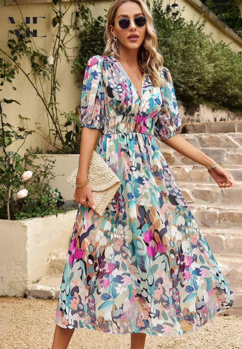 Damklänning Midi Blommig Elegant Puffärm Sommarklänning Fest & Vardag