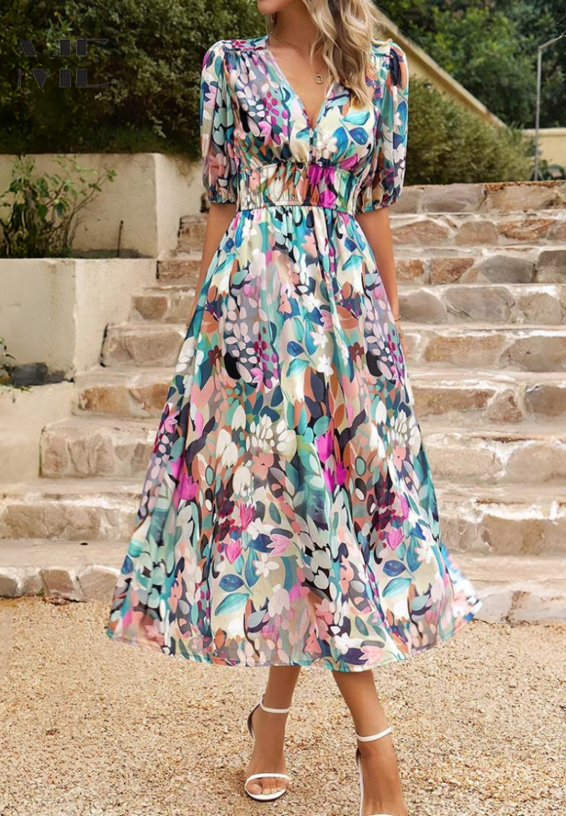Damklänning Midi Blommig Elegant Puffärm Sommarklänning Fest & Vardag