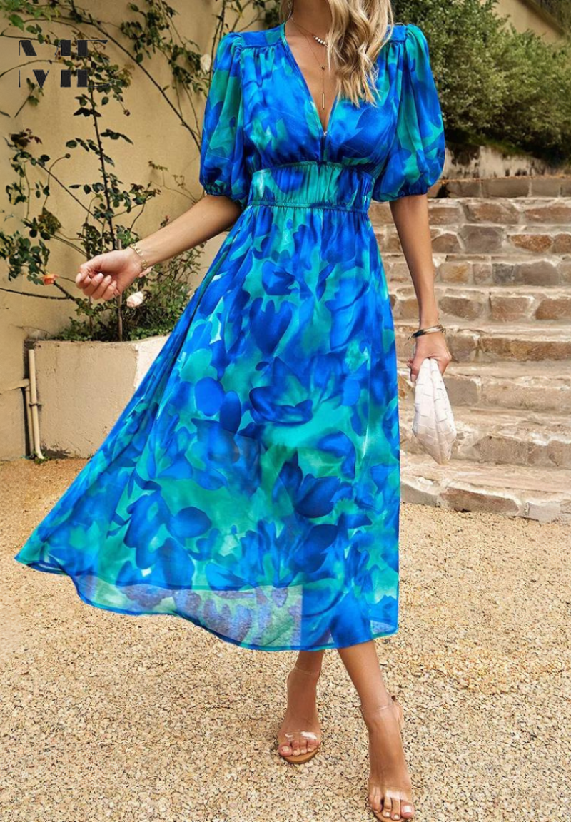 Damklänning Midi Blommig Elegant Puffärm Sommarklänning Fest & Vardag