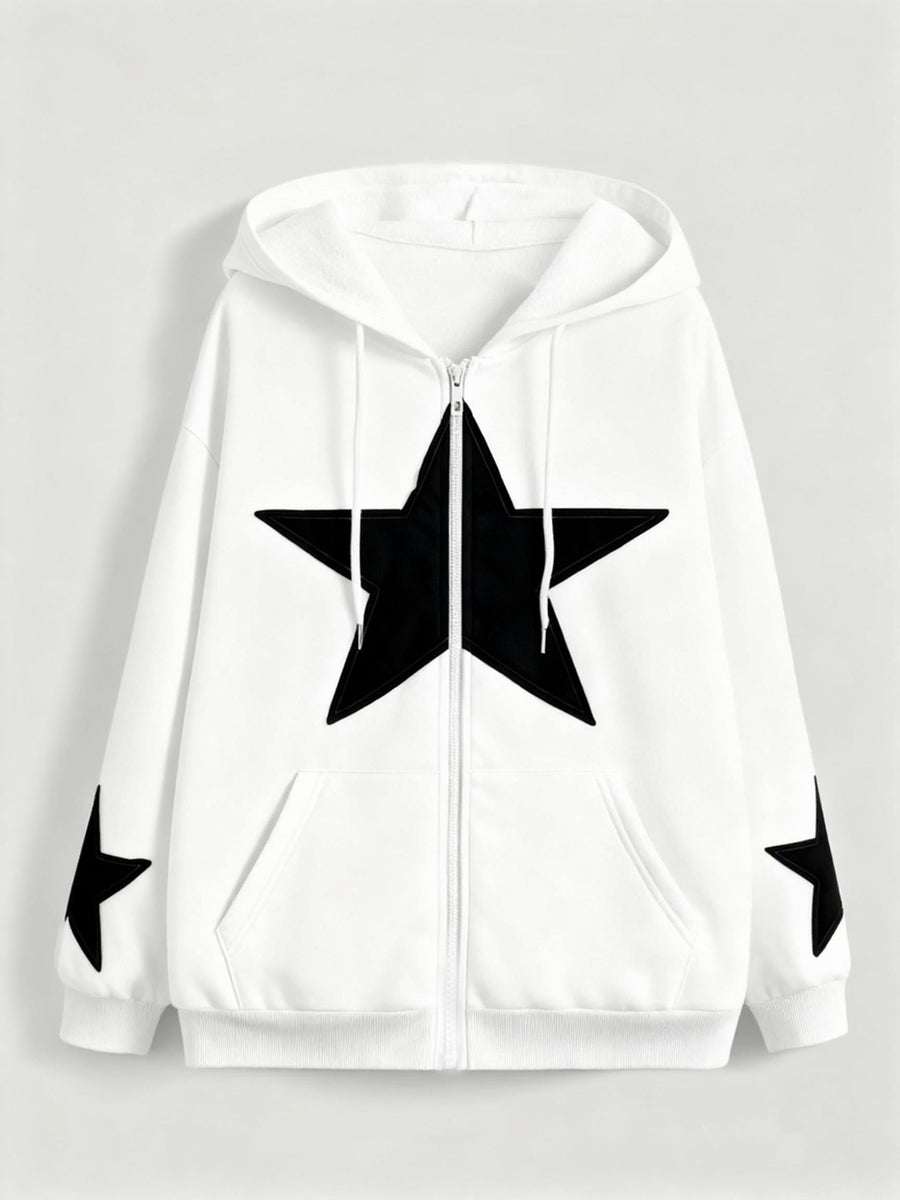 Brun Zip-up Hoodie med Huva och Stjärnmotiv – Rymlig Passform