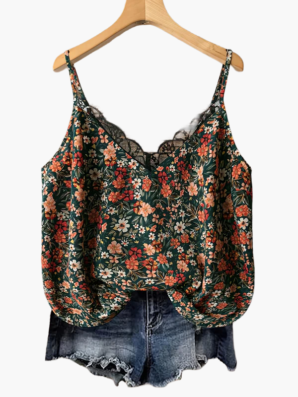 Damlinne med blommigt mönster och spetsdetalj – Somrig topp för casual stil