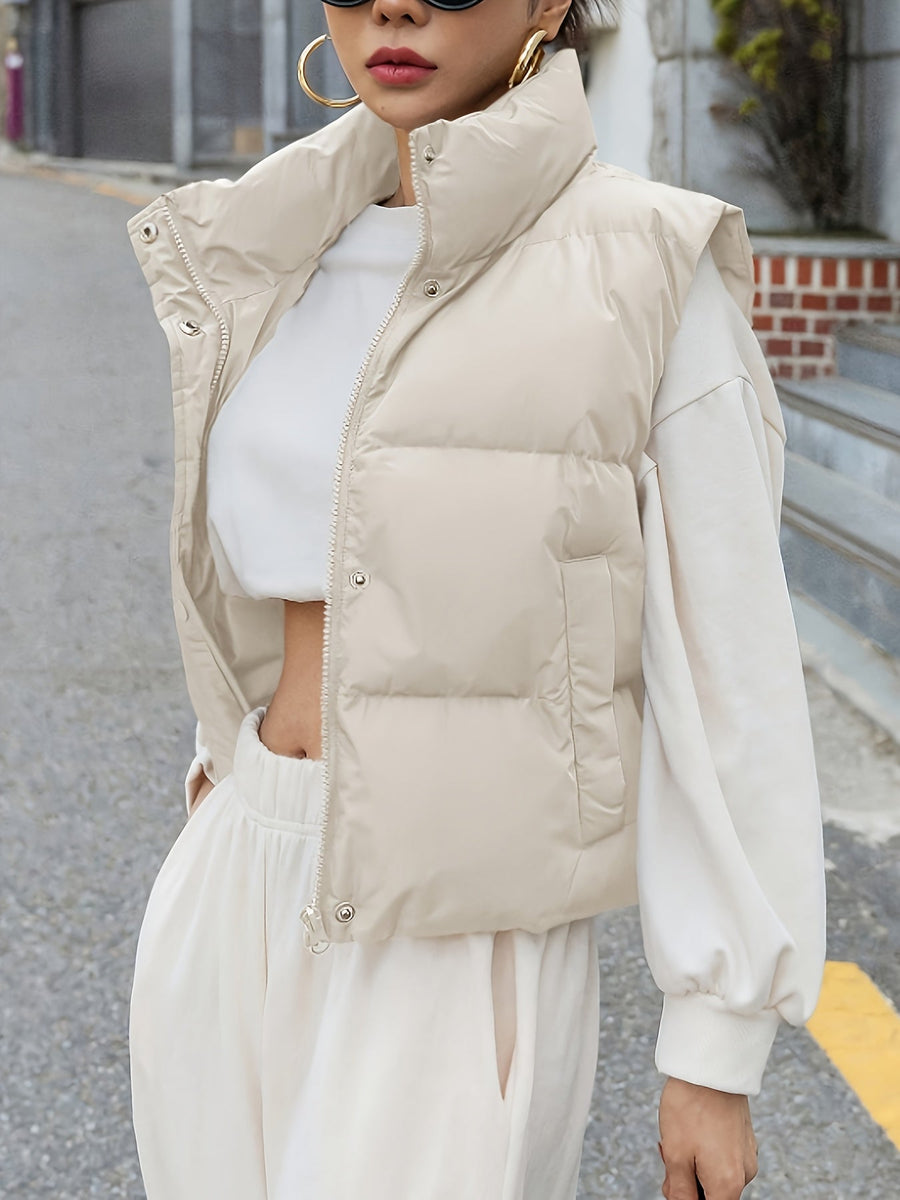 Kort Puffer Väst med Hög Krage för Dam, Beige