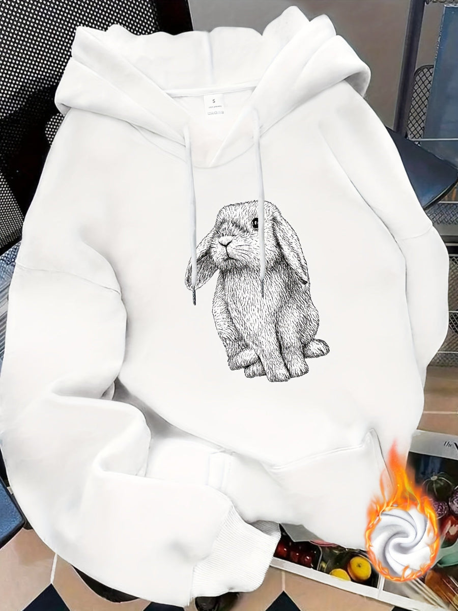 Unisex Hoodie med Kanintryck och Dragsko, Fickor, Mjukt Material
