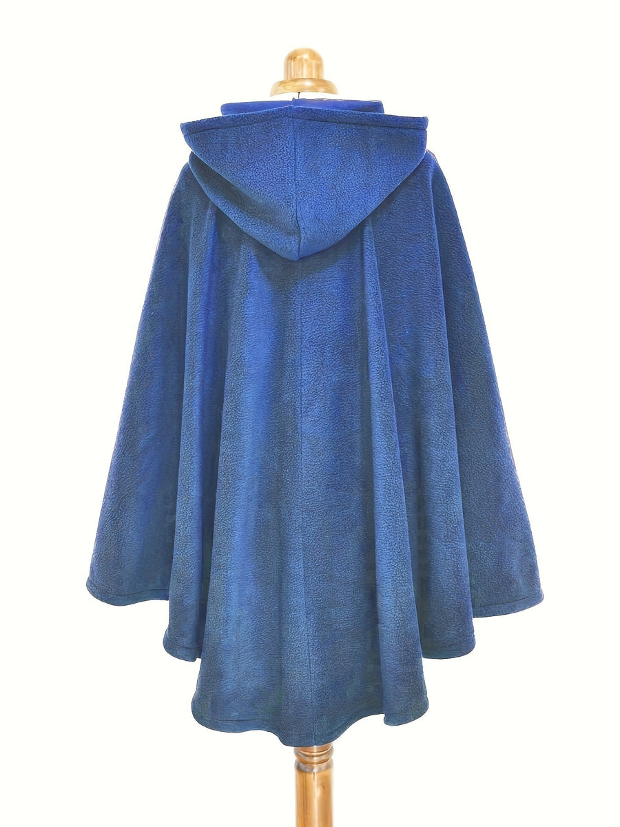 Fleeceponcho med huva och knäppning, enfärgad damponcho