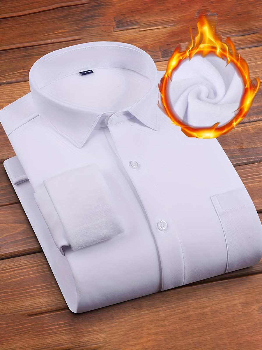 Fleecefodrad Herrskjorta Långärmad Business Skjorta med Bröstficka