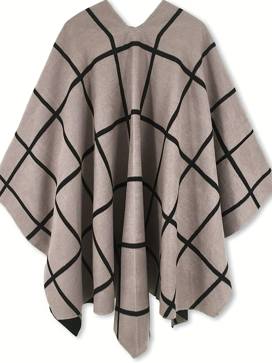 Damponcho Rutigt Mönster Beige Svart Med Sjalkrage