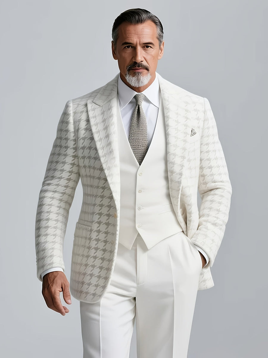 Vit Kostym med Rutigt Mönster, Herr Tweedliknande Blazer och Västar