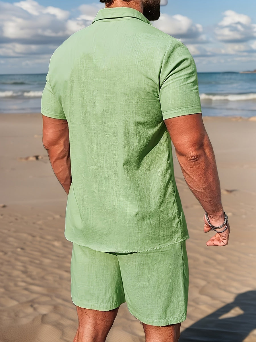Herrset med kortärmad skjorta och shorts för strand och sommar – Boho-stil