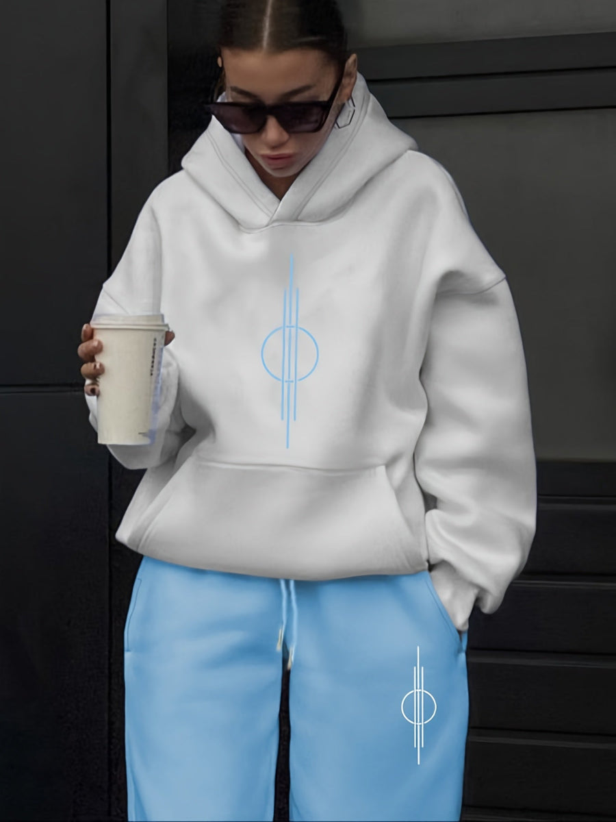 Vit Hoodie och Mjukisbyxor Set med Geometriskt Tryck