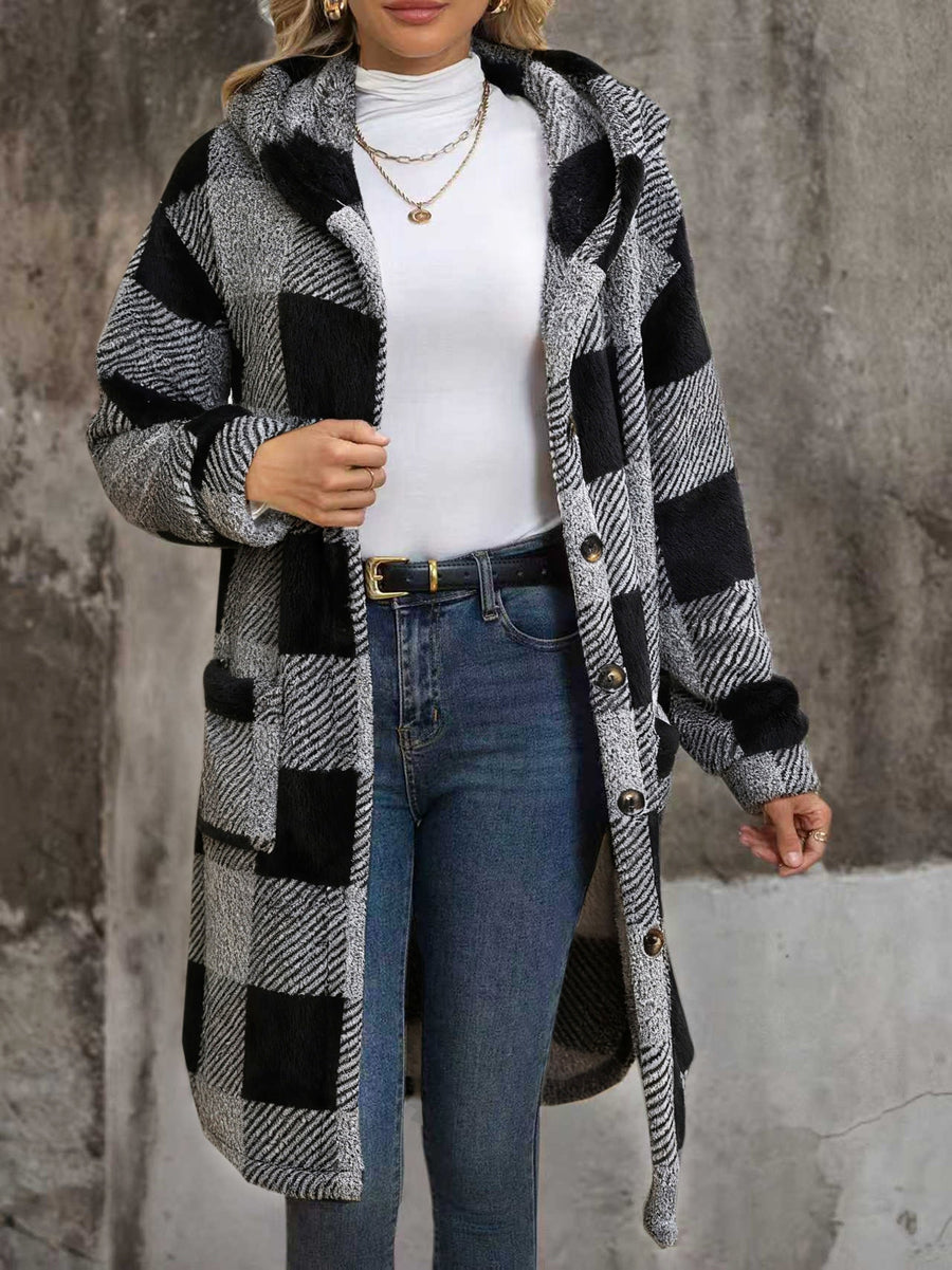 Rutig Lång Cardigan med Huva och Fickor för Dam