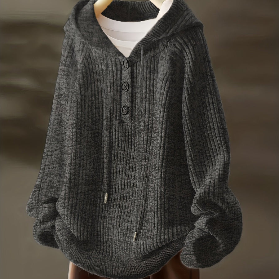 Ribbstickad damhoodie med knappar och huva, Långärmad stickad tröja