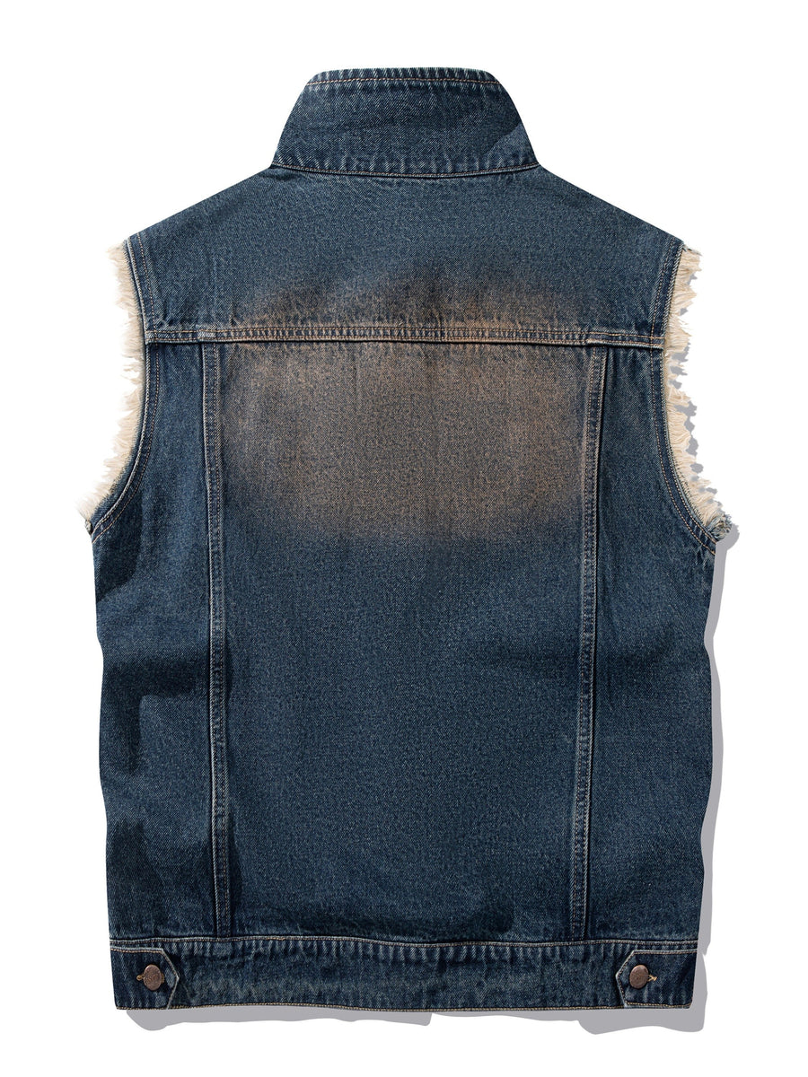Jeansväst unisex med slitna kanter, fickor och knappar, blå denim