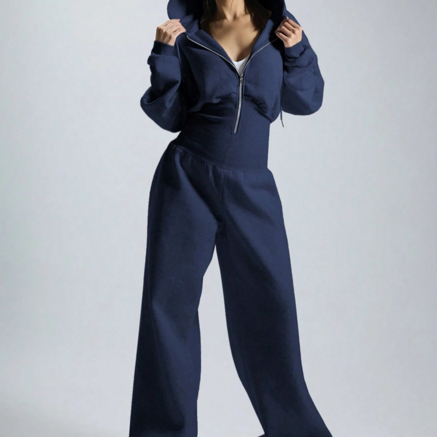 Dam jumpsuit med huva och dragkedja, vida ben