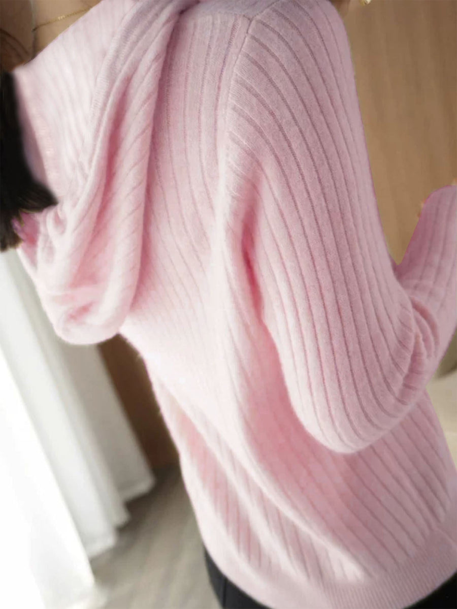 Ribbstickad damhoodie med knappar och huva, Långärmad stickad tröja