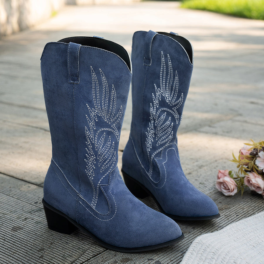 Blå Cowboyboots med Brodermönster, Mellanhögt Skaft