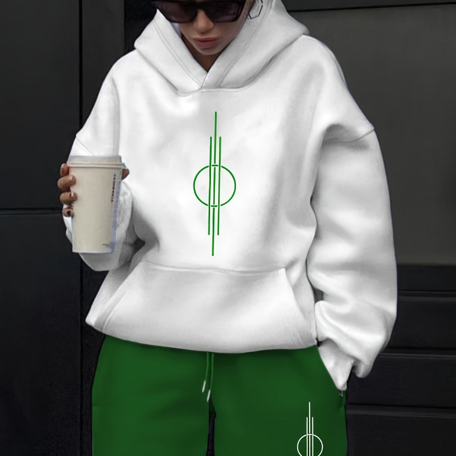 Vit Hoodie och Mjukisbyxor Set med Geometriskt Tryck