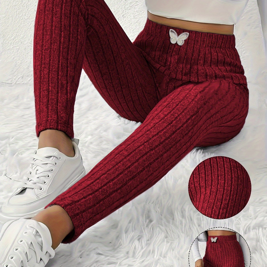 Gråa Dam Leggings med Ribbad Struktur och Fjärilsdetalj, Hög Midja