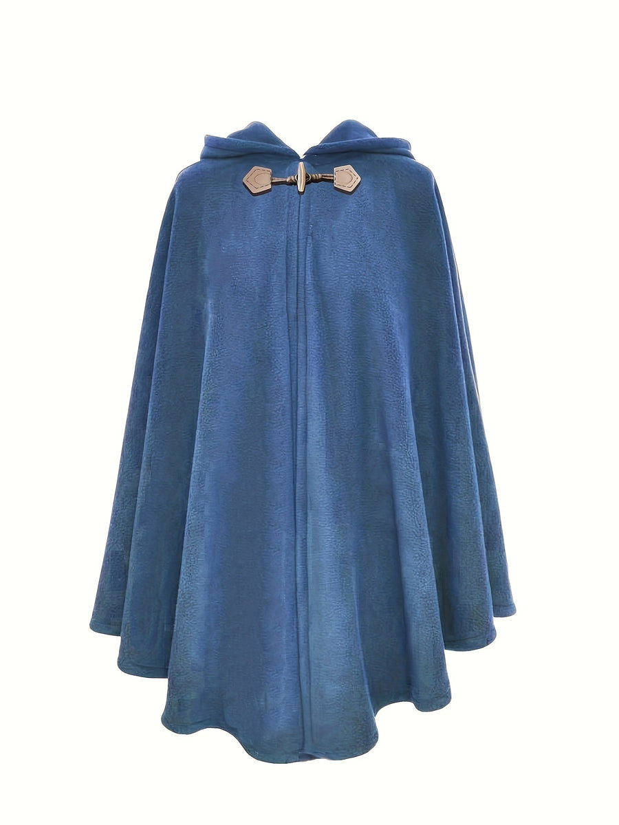 Fleeceponcho med huva och knäppning, enfärgad damponcho