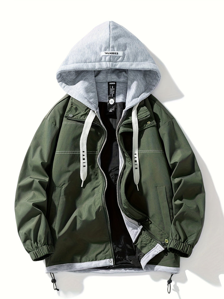 Svart dubblerad jacka med huva och dragsko för herr
