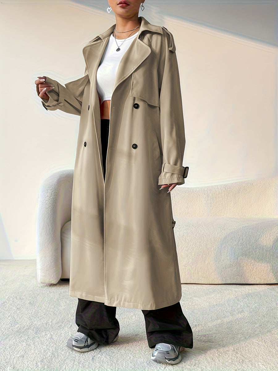 Dam Trenchcoat Lång Beige Dubbelknäppt med Skärpdetalj