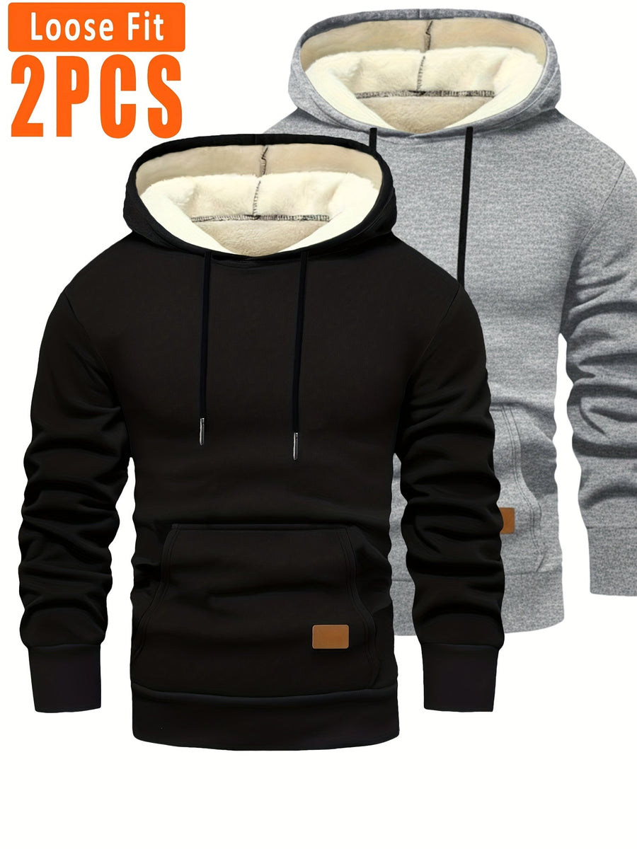 Unisex Hoodies med Fleecefoder, 2-pack, Loose Fit, Svart och Mörkgrå