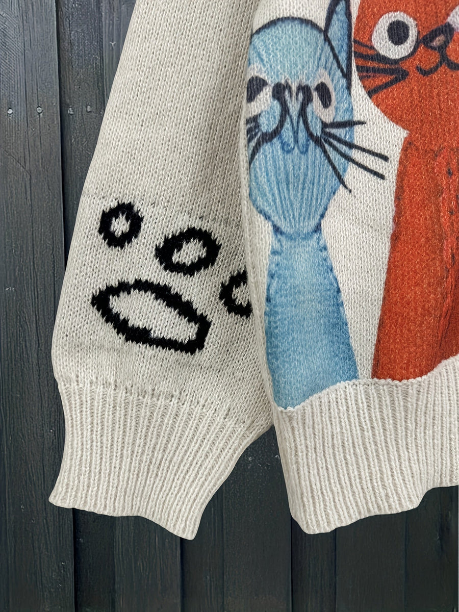 Polotröja med kattmotiv, benvit stickad tröja med rullkrage och färgglada katter