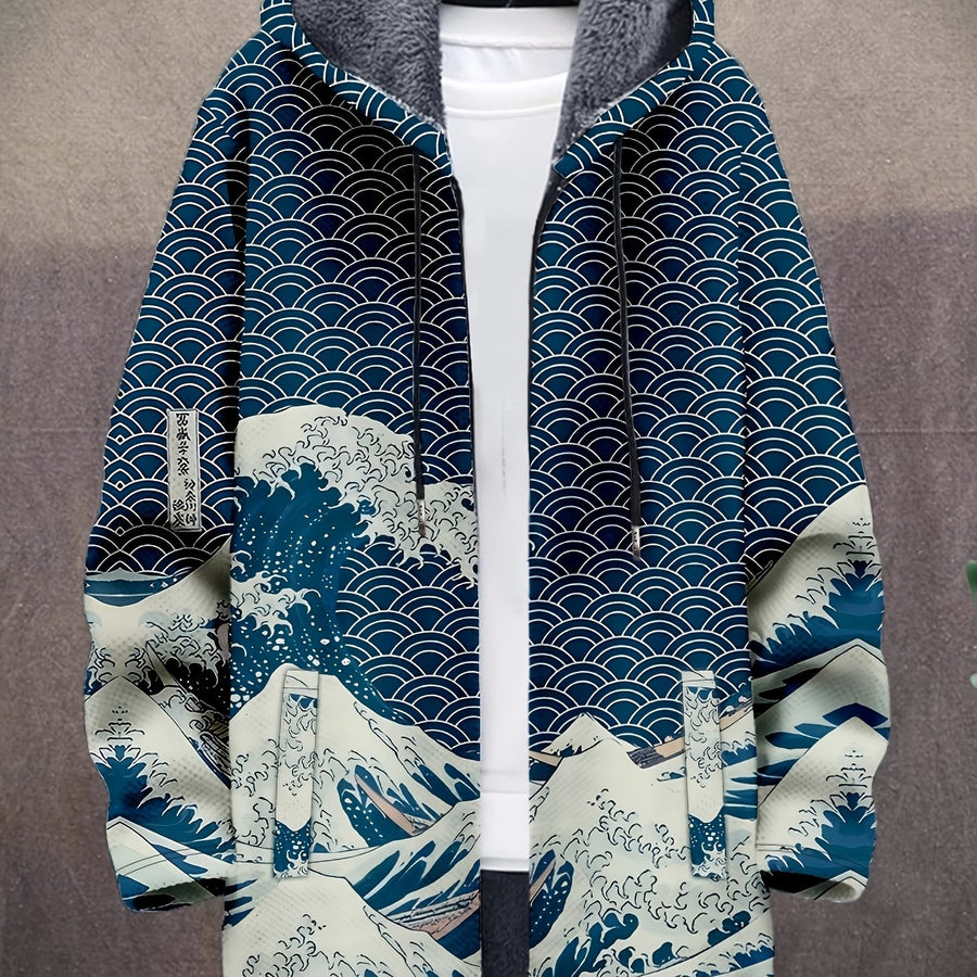 Unisex Lång Parkas med Vågmönster och Fuskpälsfoder