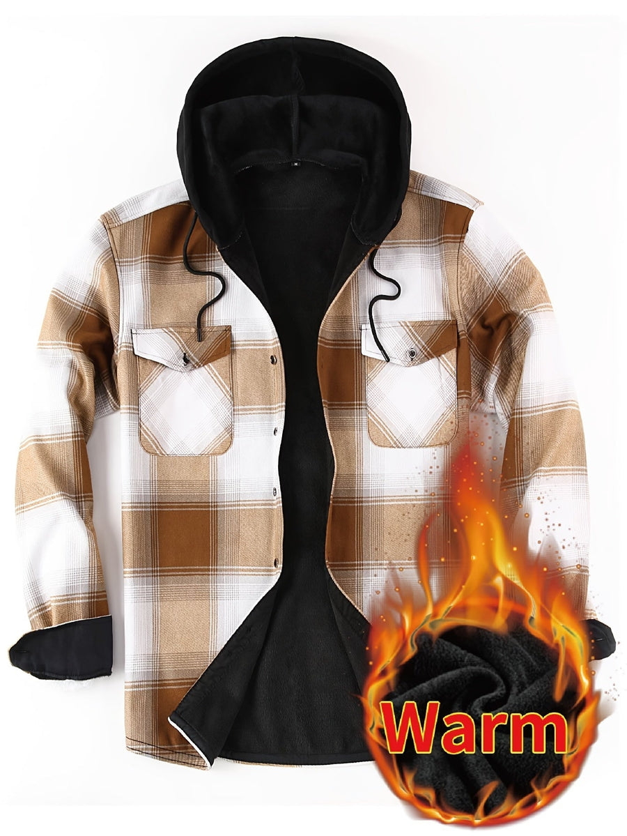Men���s Plaid Hooded Thermal Flannel Shirt Jacket
