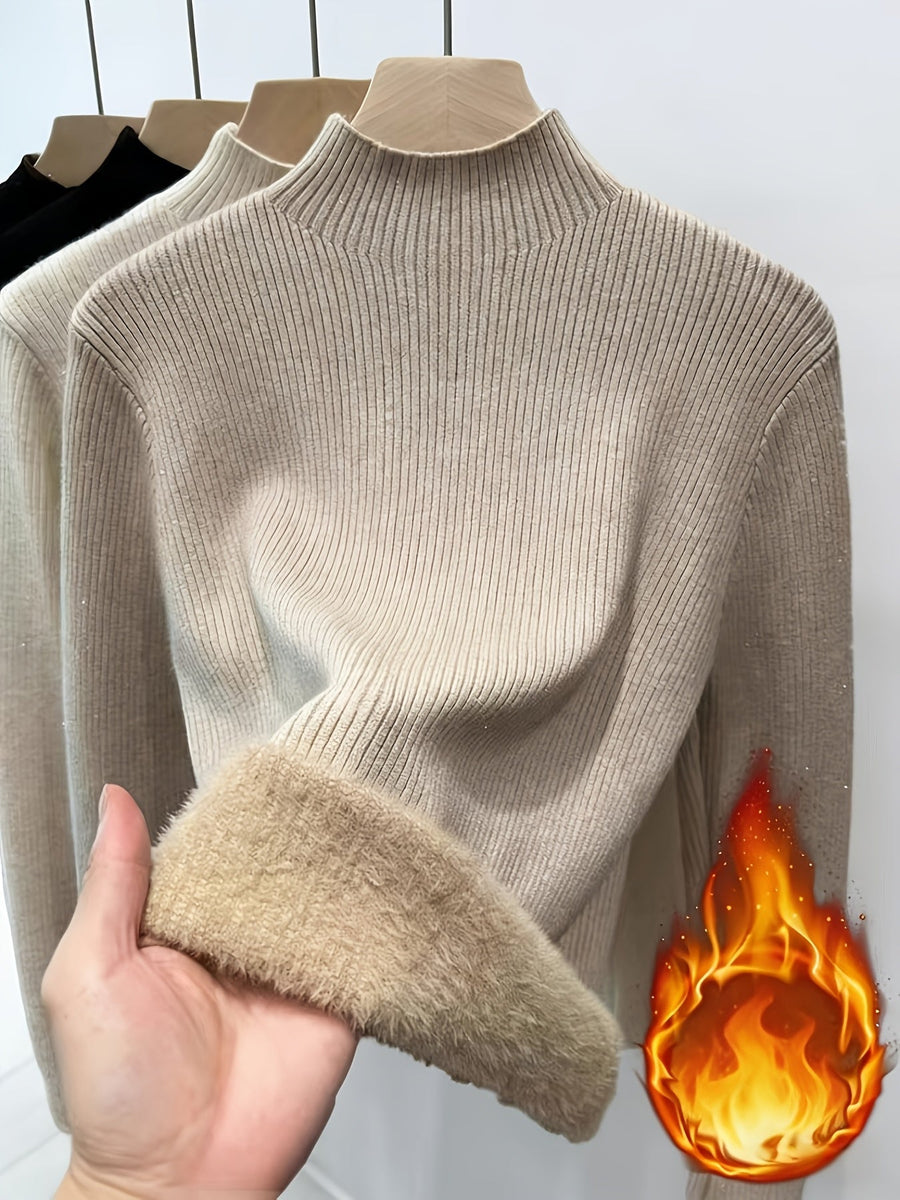Dam ribbstickad tröja med hög krage och mjukt foder