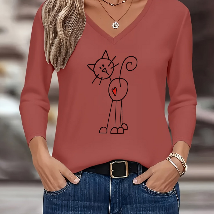 Dam T-shirt med lång ärm, V-ringning och kattryck