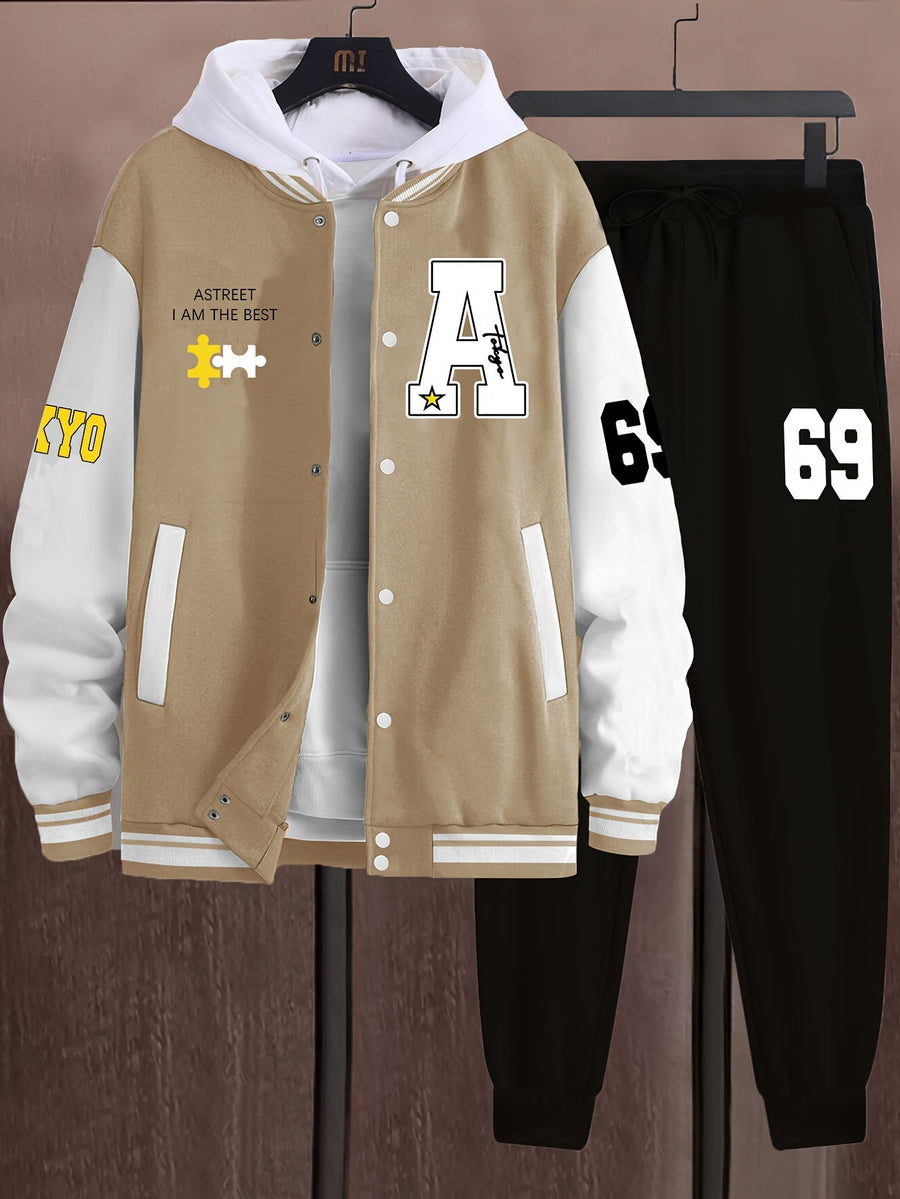 Unisex Baseballjacka & Byxor Set med Tryck Svart Vit