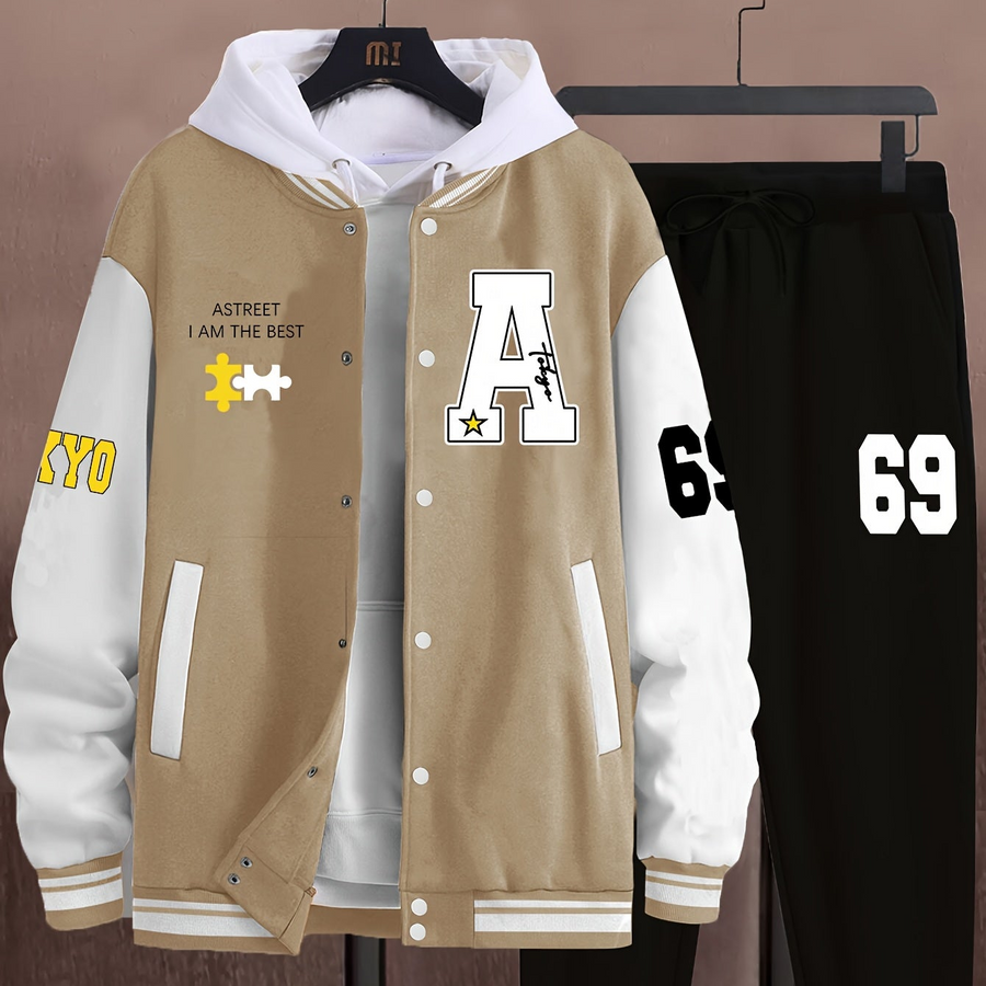 Unisex Baseballjacka & Byxor Set med Tryck Svart Vit