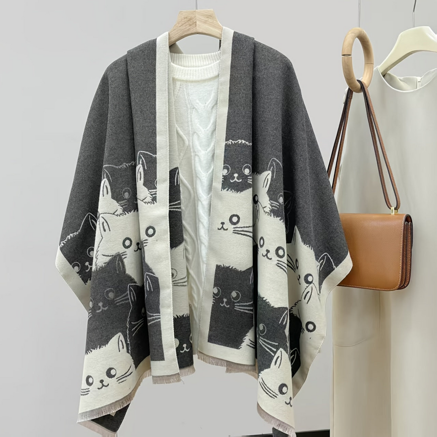 Poncho med kattmotiv och fransar, brun