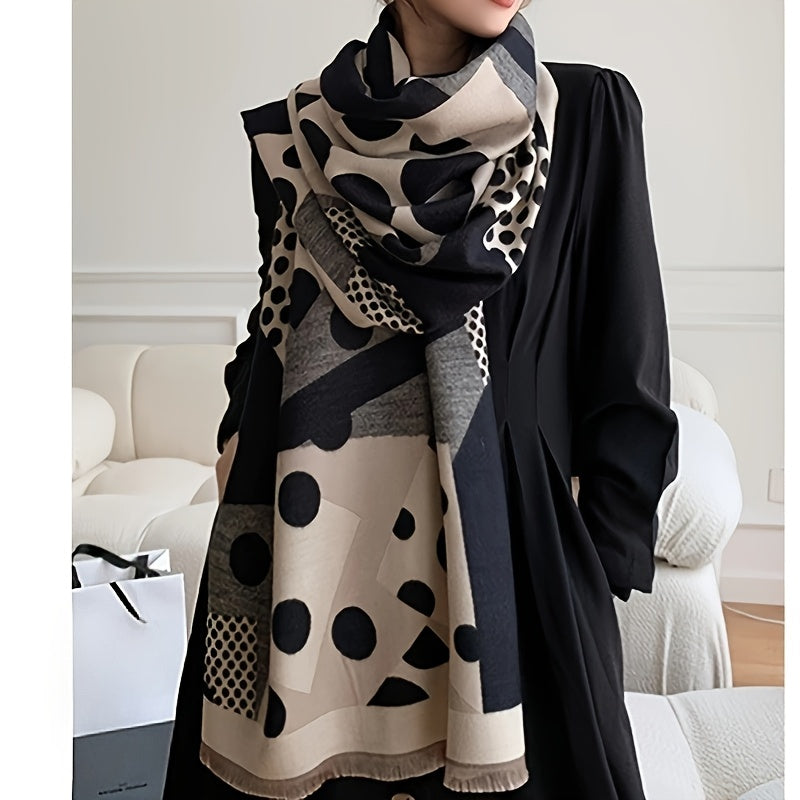 Svart och beige mönstrad scarf med fransar, stora och små prickar
