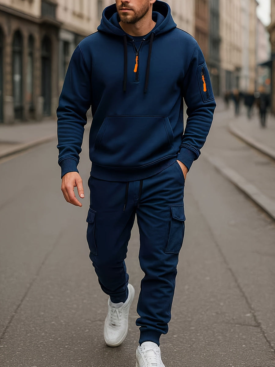 Grå herr hoodie och cargobyxa set med kvartsdragkedja och fickor
