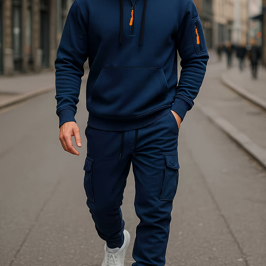 Grå herr hoodie och cargobyxa set med kvartsdragkedja och fickor