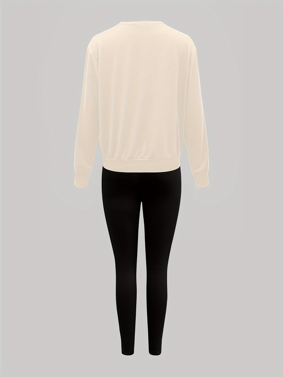Dam Tröja & Leggings Set med New York-tryck, Rundhals, Långa Ärmar