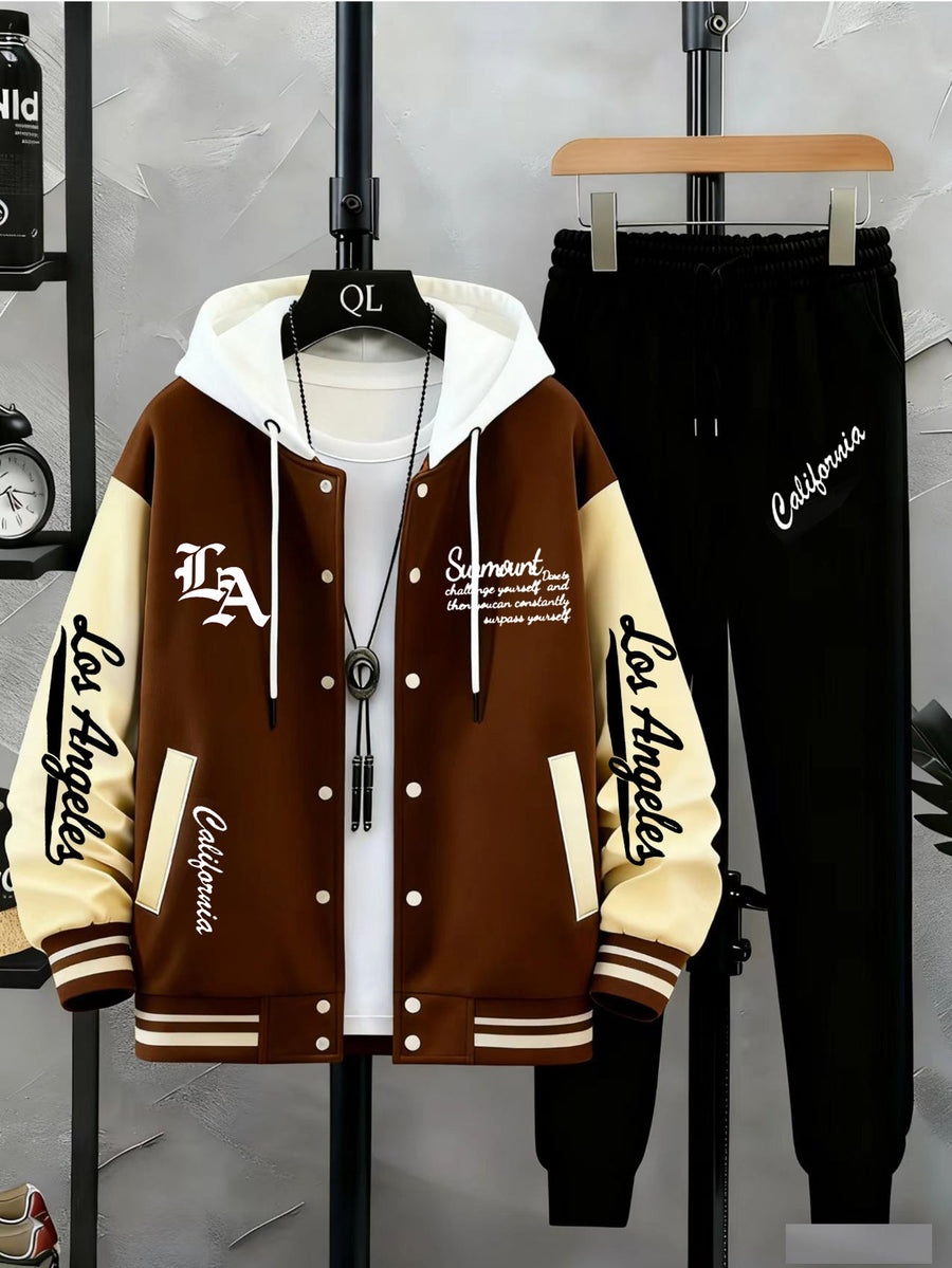 Unisex Varsity Träningsset med Tryck och Joggingbyxor, Tvåfärgad Jacka med Knappar
